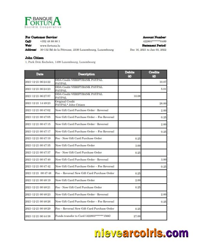 Luxembourg Fortuna Banque bank statement